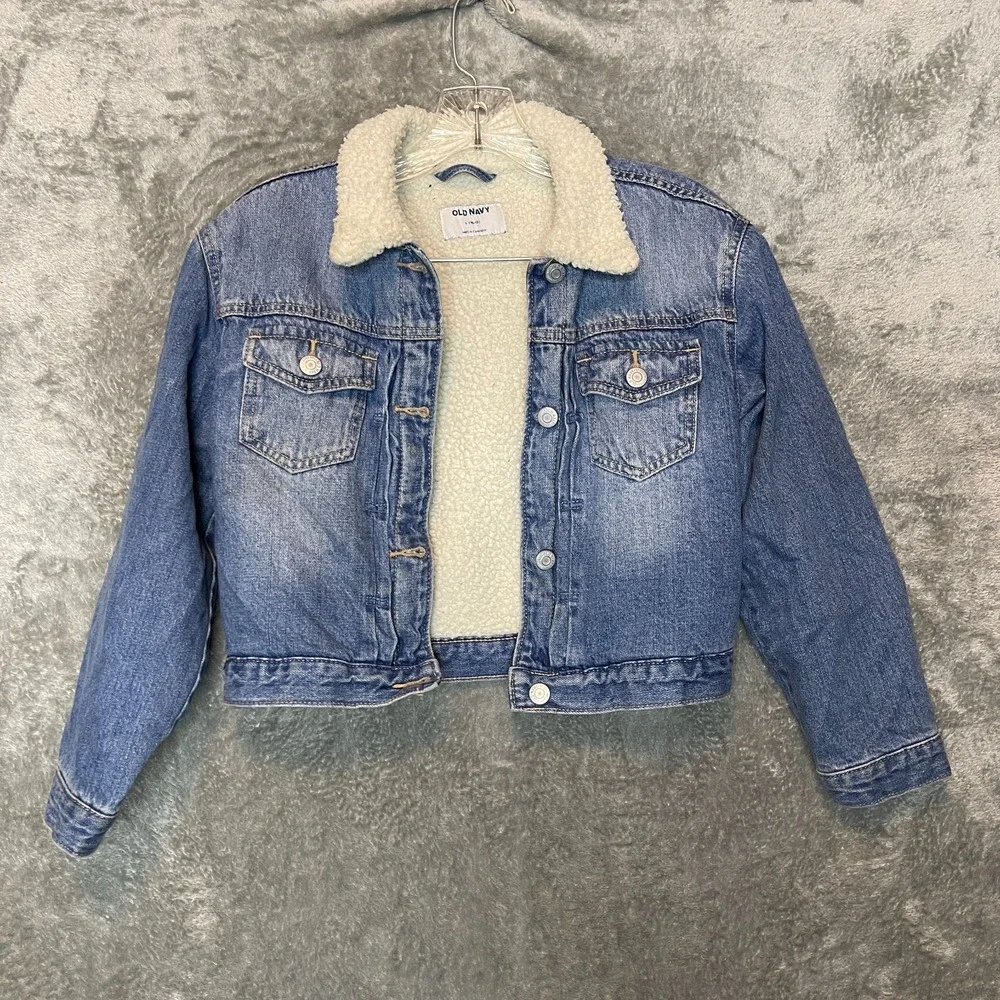 Old Navy Girls 90s Sherpa Lined Jean Trucker Cropped Blue Denim Jacket L 10/12